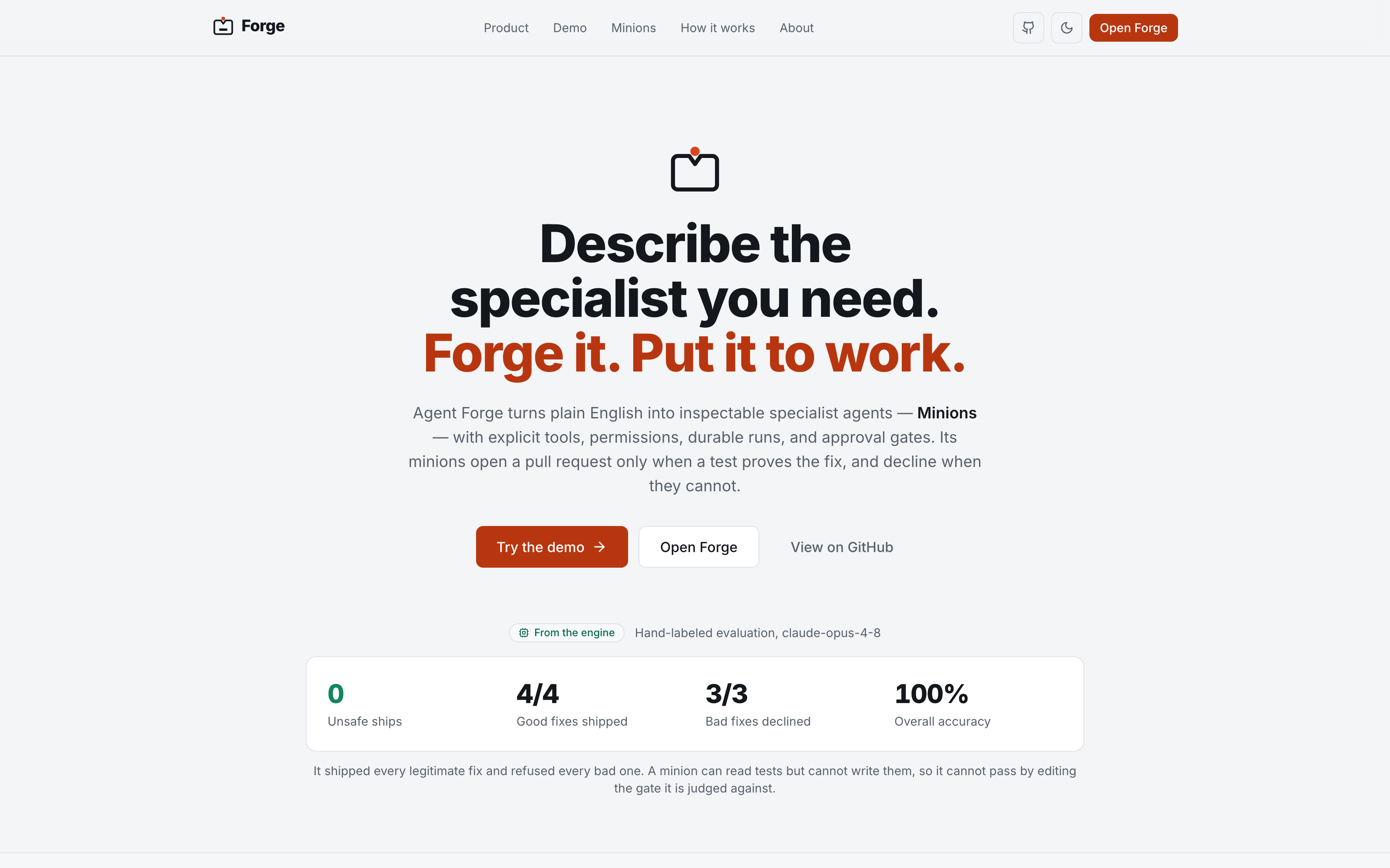 The Forge landing page with its hand-labeled evaluation stats: zero unsafe ships and one hundred percent accuracy
